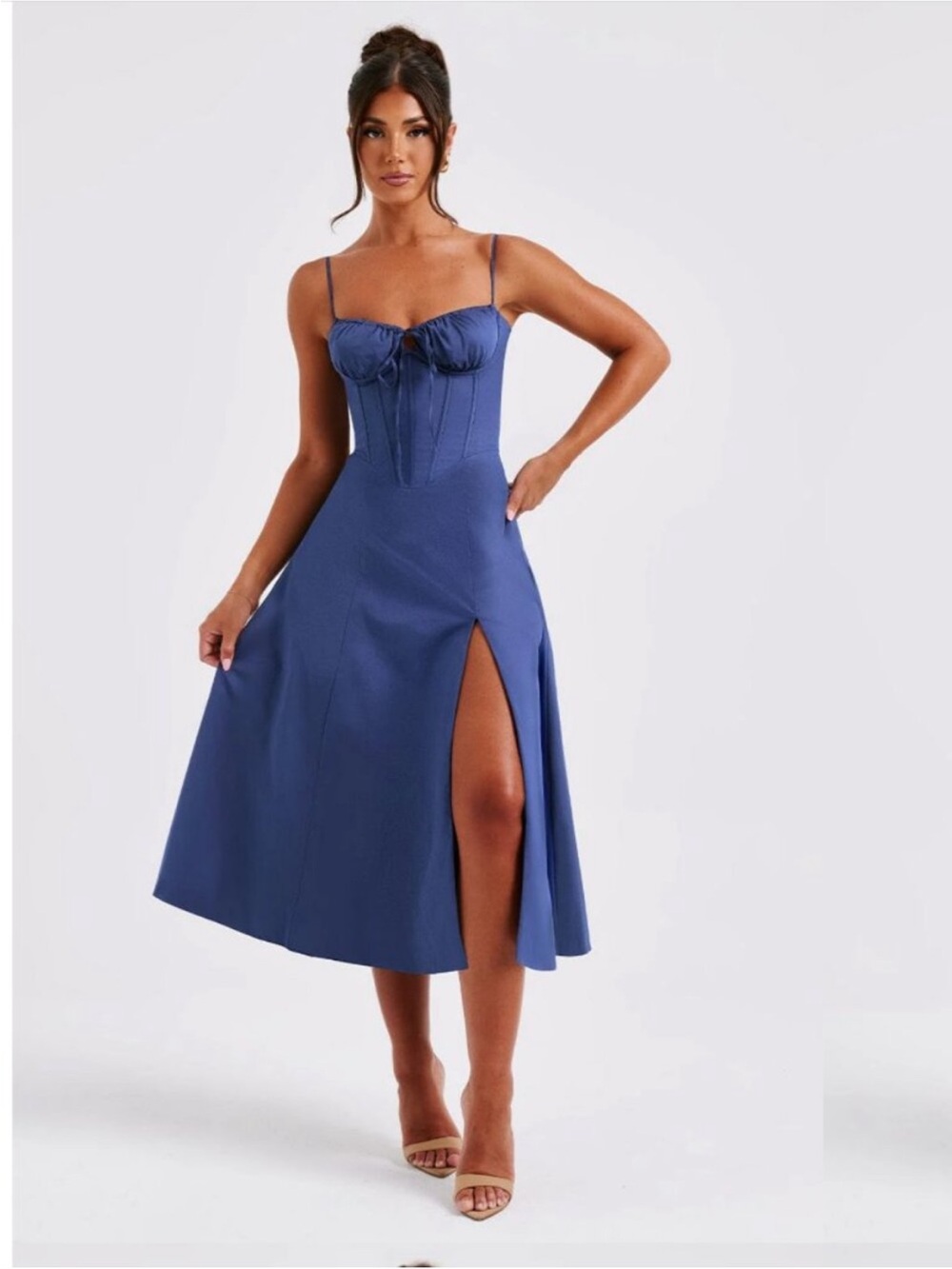 Corset-Style Blue Midi Dress with Side Slit
